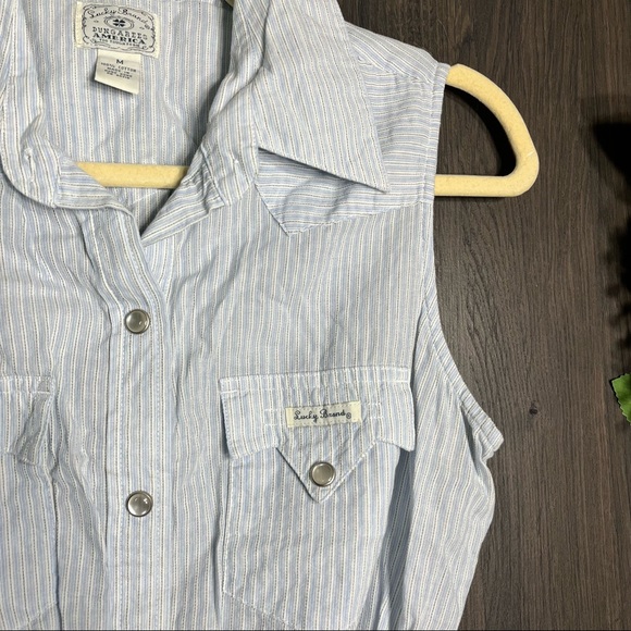 \|🌼3/$30🌼Vintage Lucky Brand Dungaree Sleeveless Stripped Blouse Size Medium - Picture 8 of 16